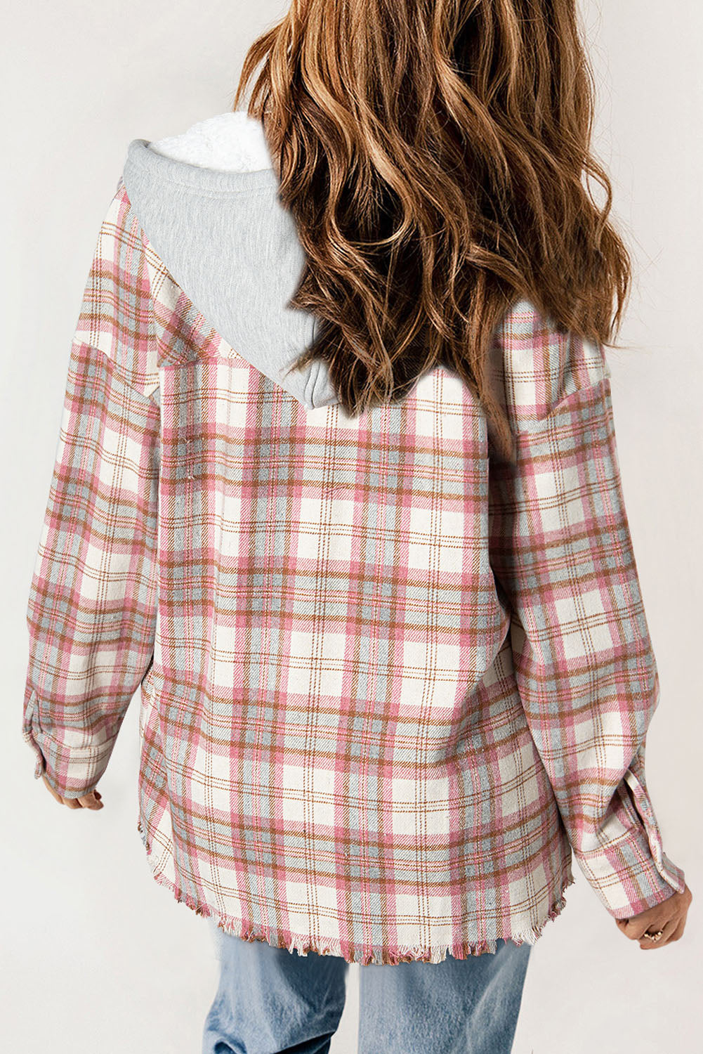 Multicolour Plaid Flap Pocket Hooded Raw Hem Jacket Plaid Shackets JT's Designer Fashion