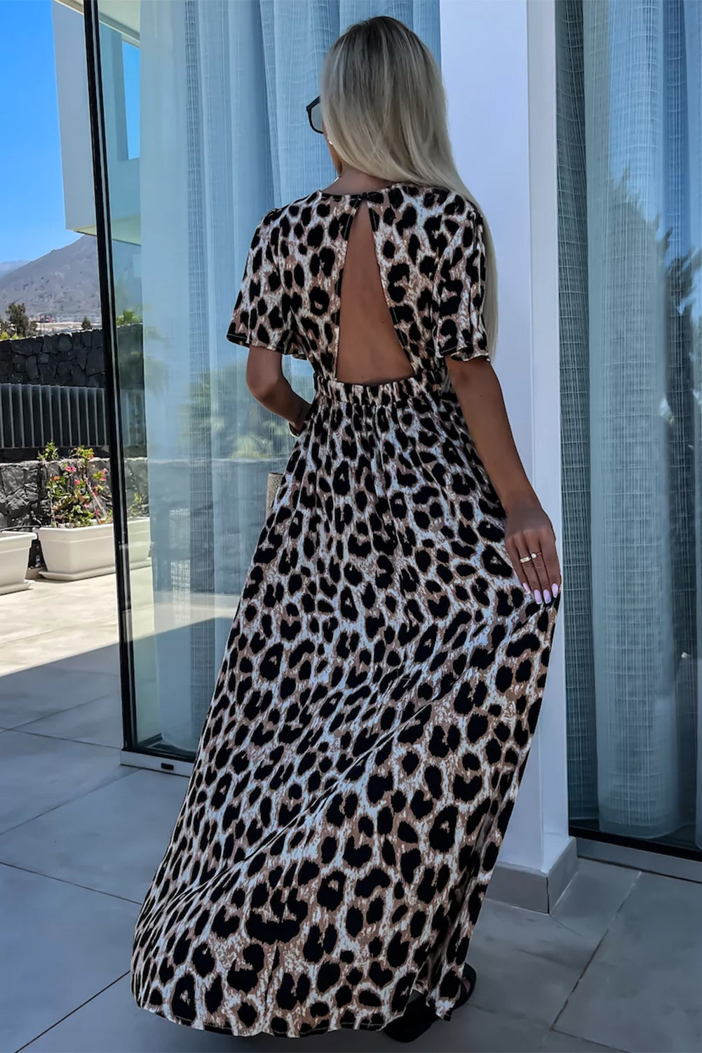 Khaki Leopard V Neck Cinched High Waist Open Back Long Dress Maxi Dresses JT's Designer Fashion
