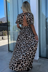Khaki Leopard V Neck Cinched High Waist Open Back Long Dress Maxi Dresses JT's Designer Fashion