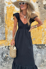 Black V Neck Flutter Sleeve Smocked Bodice High Waist Ruffle Long Dress Maxi Dresses JT's Designer Fashion