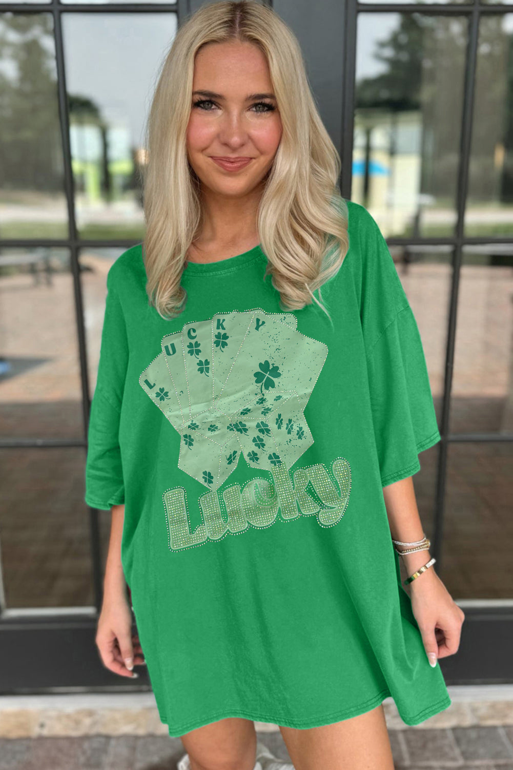 Bright Green Rhinestone Lucky Poker Cards Oversized T Shirt Mini Dress T Shirt Dresses JT's Designer Fashion