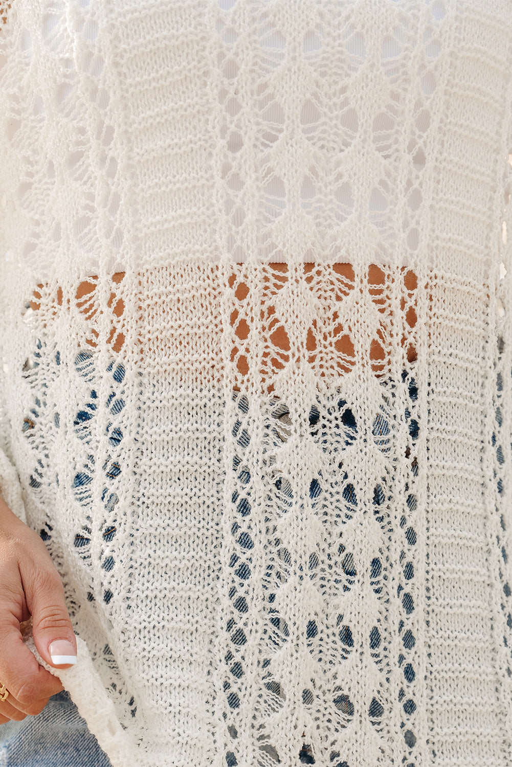 White Hollow Out Knit Bracelet Sleeve Drop Shoulder Sweater Sweaters JT's Designer Fashion
