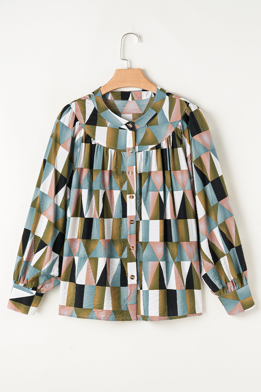 Green Geometric Print Buttoned Balloon Sleeve Loose Fit Shirt Blouses & Shirts JT's Designer Fashion