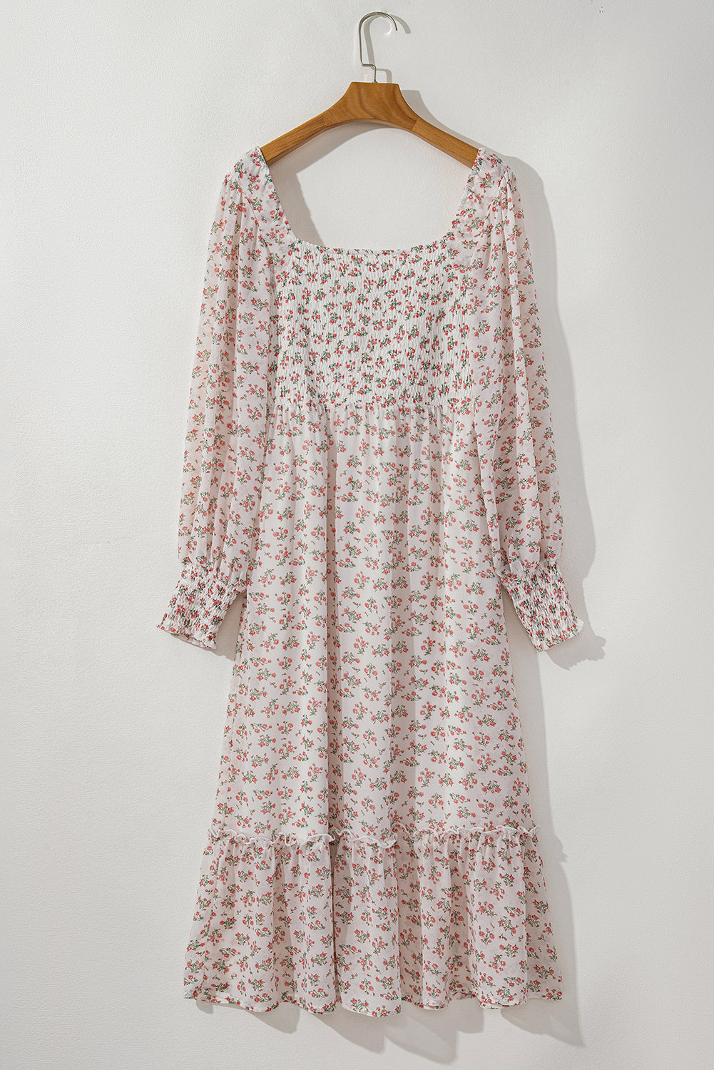 White Floral Print Shirred Ruffled Hem Square Neck Midi Dress Floral Dresses JT's Designer Fashion