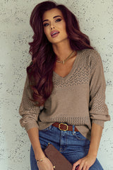 Camel Eyelet Pattern Detail V Neck Drop Shoulder Sweater Sweaters JT's Designer Fashion