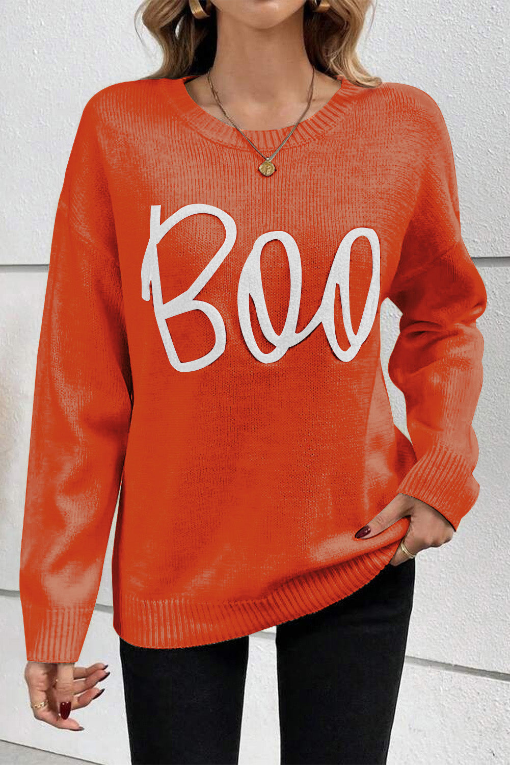 Orange Boo Knitted Pattern Ribbed Edge Drop Shoulder Sweater Sweaters JT's Designer Fashion