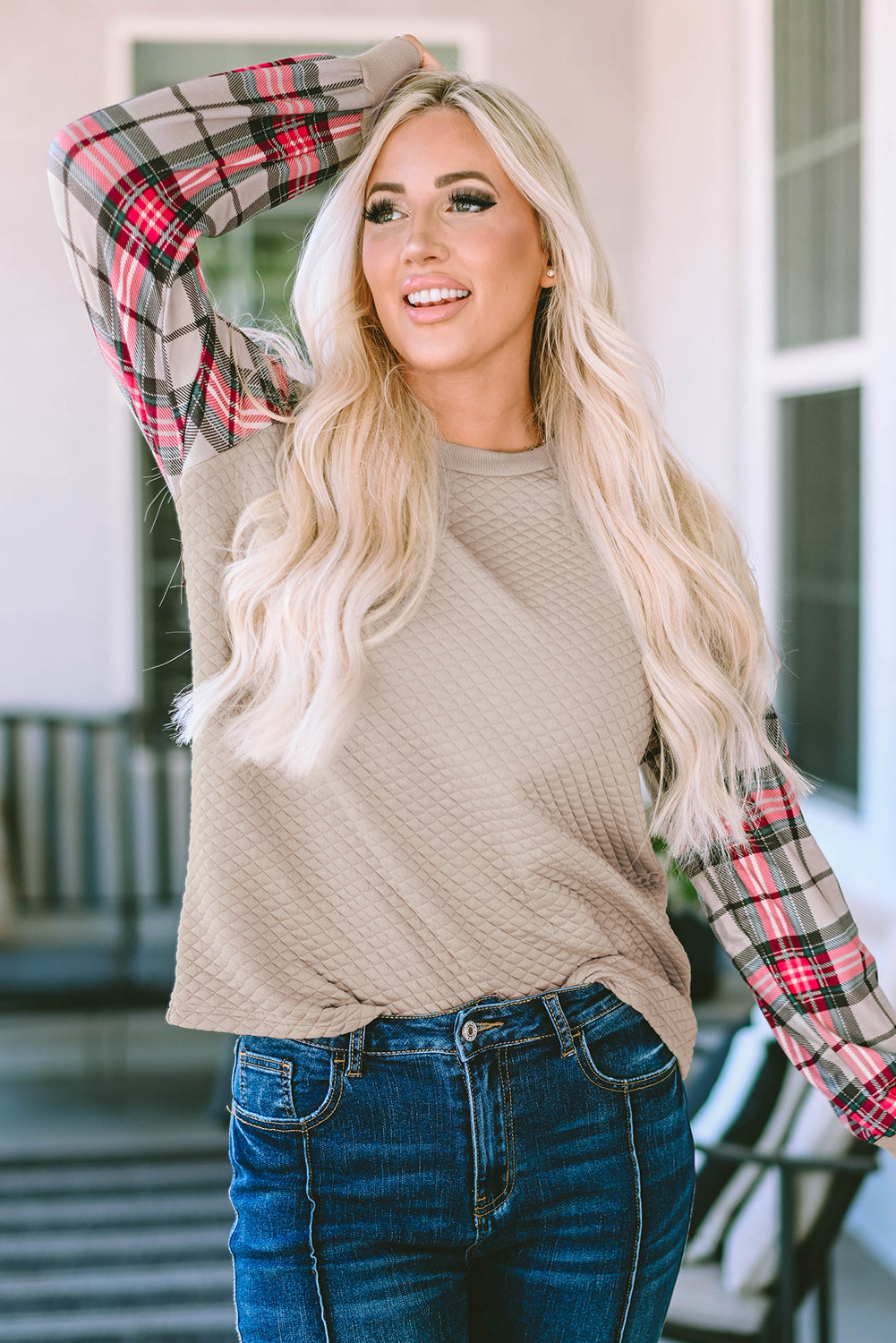 Apricot Plaid Raglan Sleeve Sweatshirt Sweatshirts & Hoodies JT's Designer Fashion