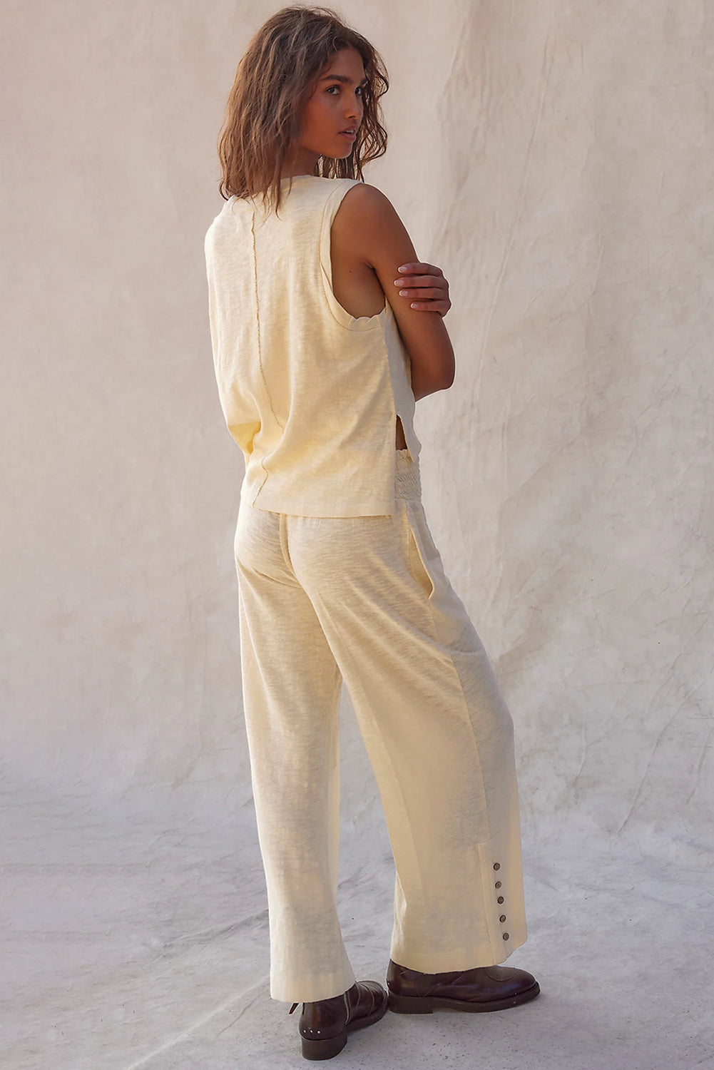 Beige Solid Color Tank Top and Smocked Waist Pants Set Pant Sets JT's Designer Fashion