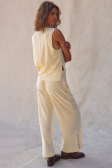 Beige Solid Color Tank Top and Smocked Waist Pants Set Pant Sets JT's Designer Fashion