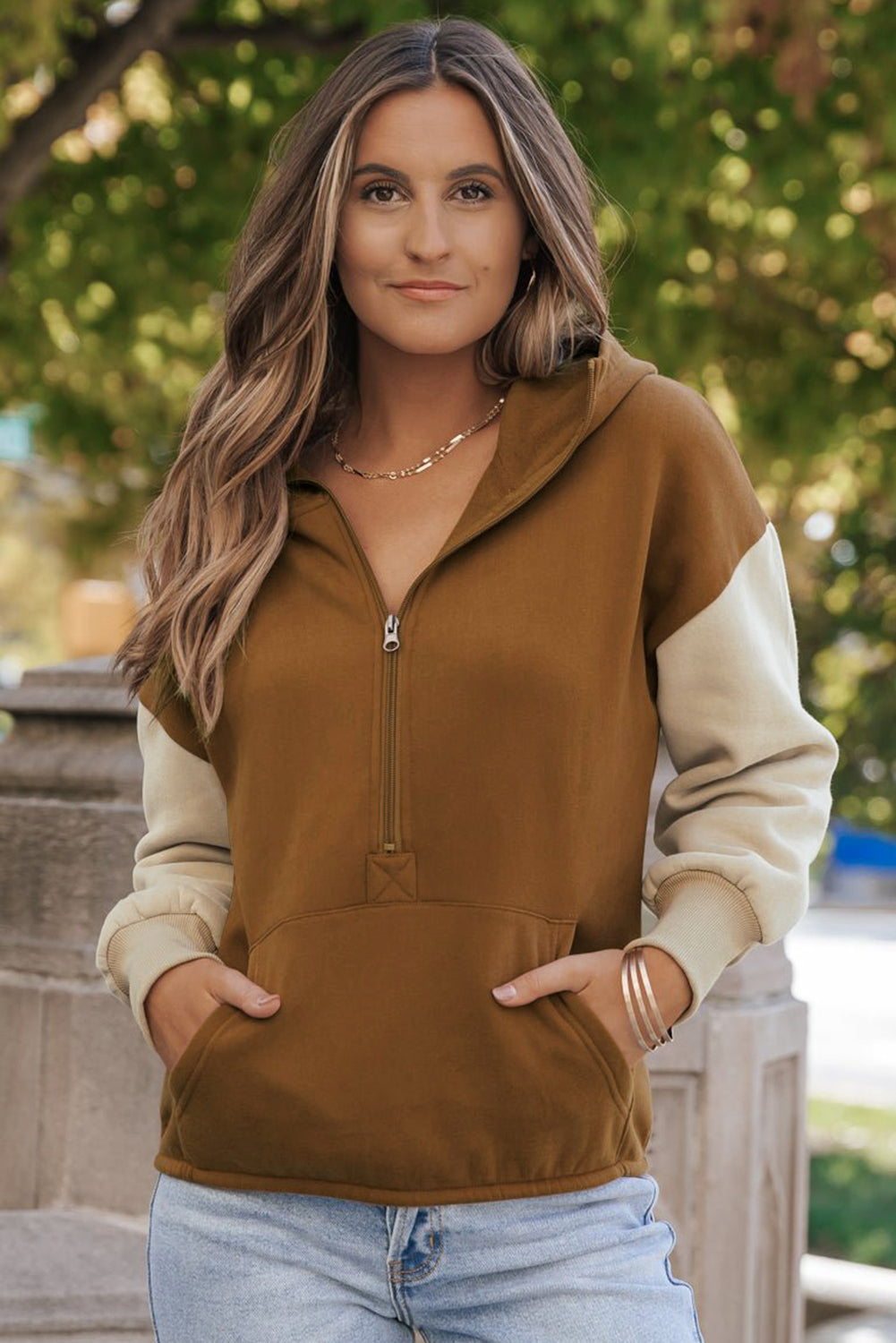 Chestnut Color Block Half Zip Kangaroo Pocketed Hoodie Sweatshirts & Hoodies JT's Designer Fashion