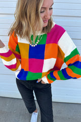 Orange Checkered Color Block Round Neck Loose Sweater Sweaters JT's Designer Fashion