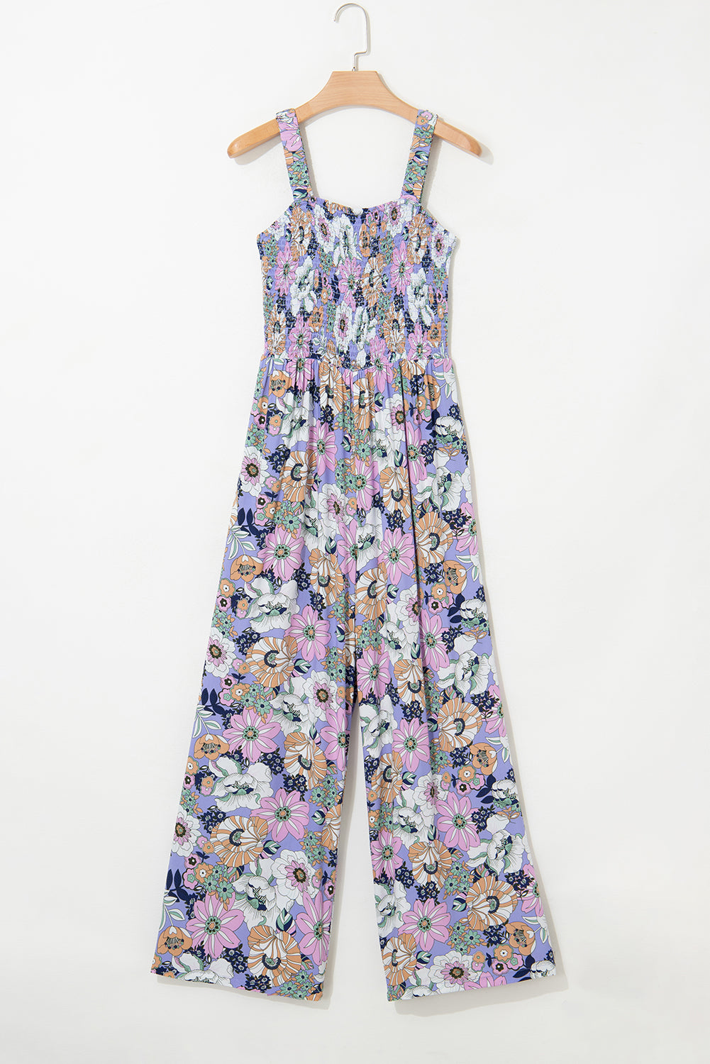 Purple Floral Print Smocked High Waist Square Neck Jumpsuit Dresses JT's Designer Fashion