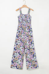 Purple Floral Print Smocked High Waist Square Neck Jumpsuit Dresses JT's Designer Fashion