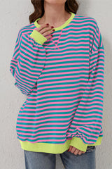 Green Stripe Oversized Contrast Trim Pullover Sweatshirt Sweatshirts & Hoodies JT's Designer Fashion