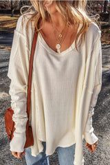White Waffle Knit Exposed Seam V Neck Oversized Top Long Sleeve Tops JT's Designer Fashion