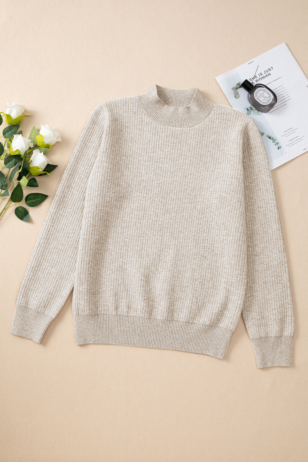 Apricot Thermal Lined Ribbed Knit Mock Neck Sweater Sweaters JT's Designer Fashion