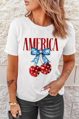 White AMERICA Bow Cherry Print Crewneck T Shirt Graphic Tees JT's Designer Fashion