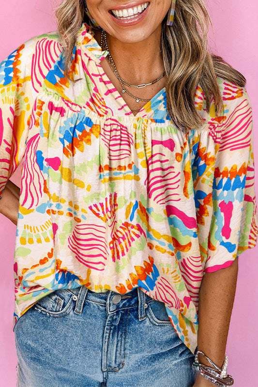 Orange Abstract Printed Shirred Bubble Half Sleeve V Neck Blouse Orange 81%Viscose+19%Polyamide Blouses & Shirts JT's Designer Fashion