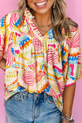 Orange Abstract Printed Shirred Bubble Half Sleeve V Neck Blouse Orange 81%Viscose+19%Polyamide Blouses & Shirts JT's Designer Fashion