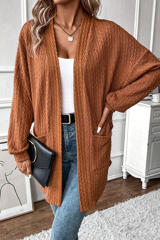 Chestnut Textured Knit Side Pockets Open Front Cardigan Cardigans JT's Designer Fashion