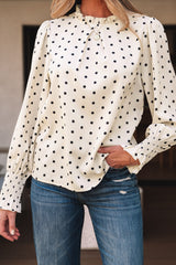 Apricot Polka Dot Print Frilled Collar Lantern Sleeve Blouse Blouses & Shirts JT's Designer Fashion
