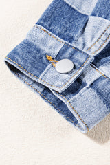 Light Blue Checkered Patchwork Button up Denim Jacket Denim Jackets JT's Designer Fashion