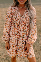 Beige Floral Deep V Neck Smocked Bust Bubble Sleeve Babydoll Dress Mini Dresses JT's Designer Fashion