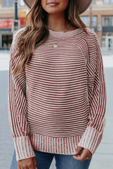 Red Dahlia Striped Print Ribbed Knit Boat Neck Baggy Sweater Sweaters JT's Designer Fashion