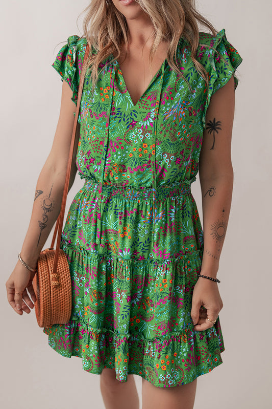 Green Floral Tie Split Neck Frilly Ruffle Trim Tiered Short Dress Green 100%Viscose Floral Dresses JT's Designer Fashion