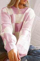 Pink Checkered Bishop Sleeve Sweater Sweaters JT's Designer Fashion