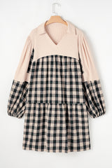 Black Plaid Waffle Knit Patchwork Collared V Neck Plus Size Mini Dress Plus Size Mini Dresses JT's Designer Fashion
