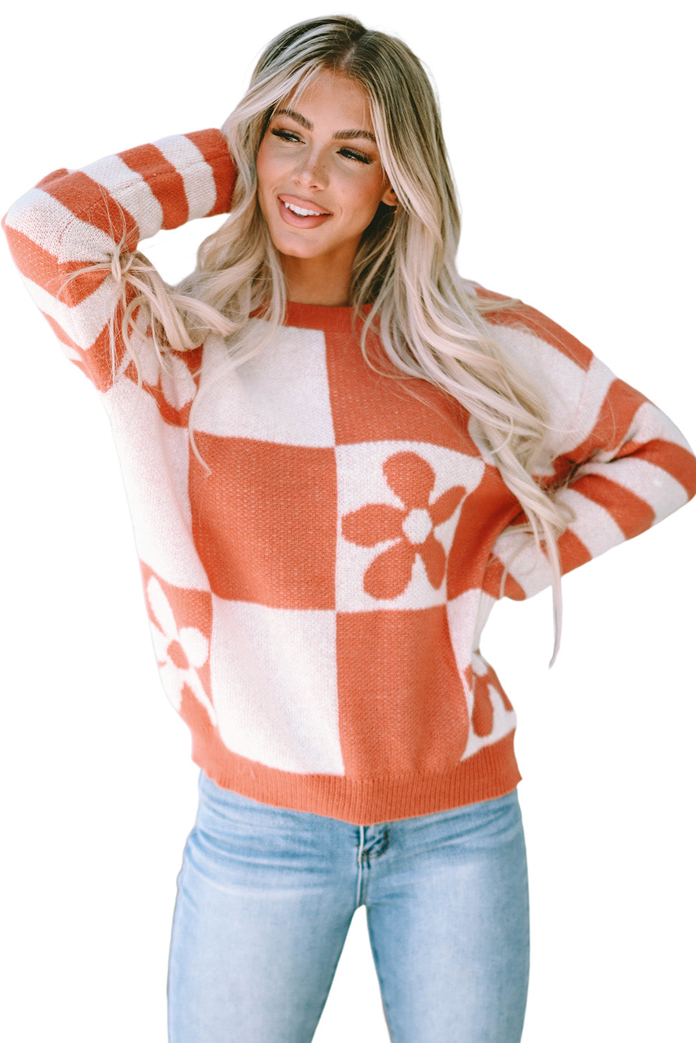 Brown Checkered Floral Print Striped Sleeve Sweater Sweaters JT's Designer Fashion
