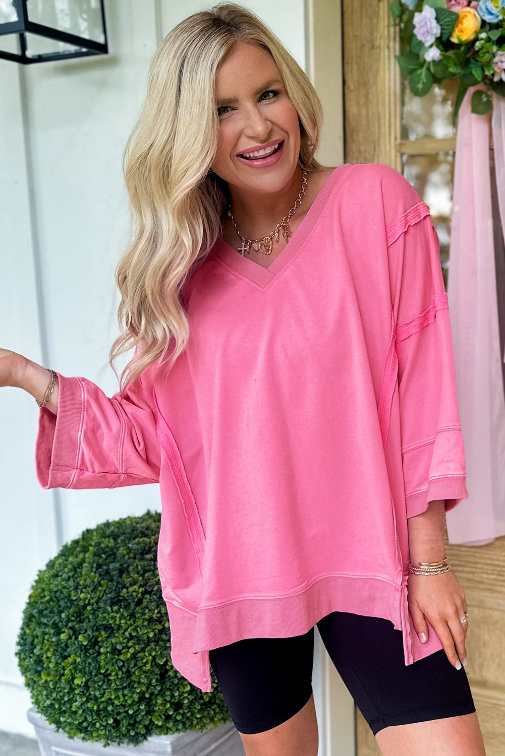 Bonbon Bracelet Sleeve Mineral Washed V Neck T Shirt Long Sleeve Tops JT's Designer Fashion