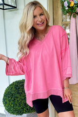 Bonbon Bracelet Sleeve Mineral Washed V Neck T Shirt Long Sleeve Tops JT's Designer Fashion