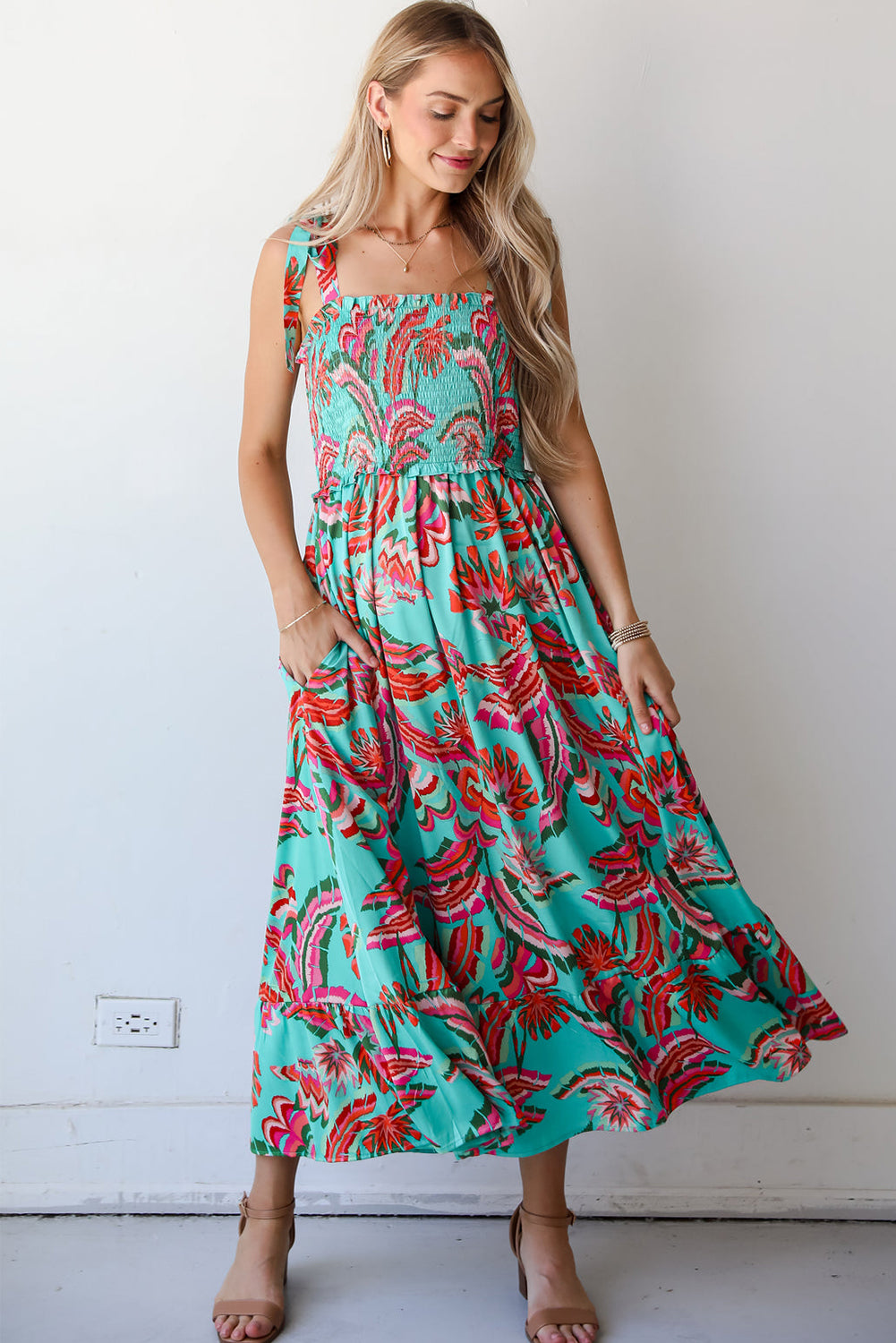Green Abstract Print Smocked Bodice Knotted Straps Ruffled Long Dress Maxi Dresses JT's Designer Fashion