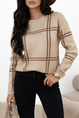 Khaki Plaid Pattern Knitted Drop Shoulder Sweater Khaki 50%Viscose+28%Polyester+22%Polyamide Sweaters JT's Designer Fashion