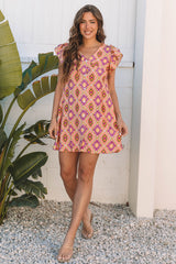 Orange Geometric Floral V Neck Buttoned Ruffled Sleeve Mini Dress Mini Dresses JT's Designer Fashion