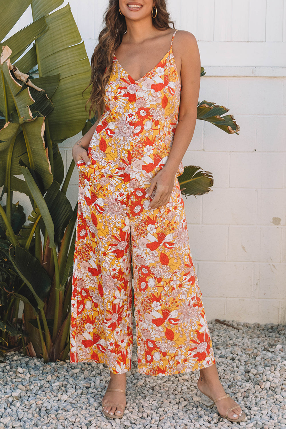Orange Floral V Neck Wide Leg Sleeveless Jumpsuit Jumpsuits & Rompers JT's Designer Fashion