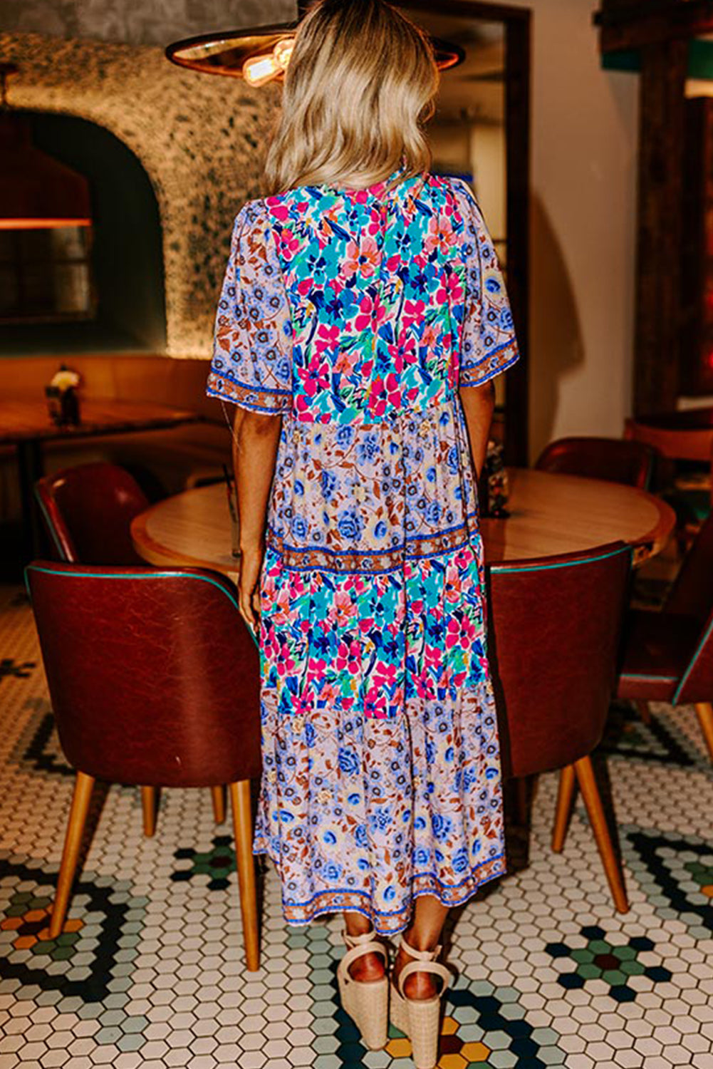 Sky Blue Mixed Floral Print Tie Split Neck Short Sleeve Dress Floral Dresses JT's Designer Fashion