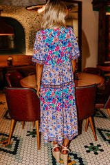 Sky Blue Mixed Floral Print Tie Split Neck Short Sleeve Dress Floral Dresses JT's Designer Fashion