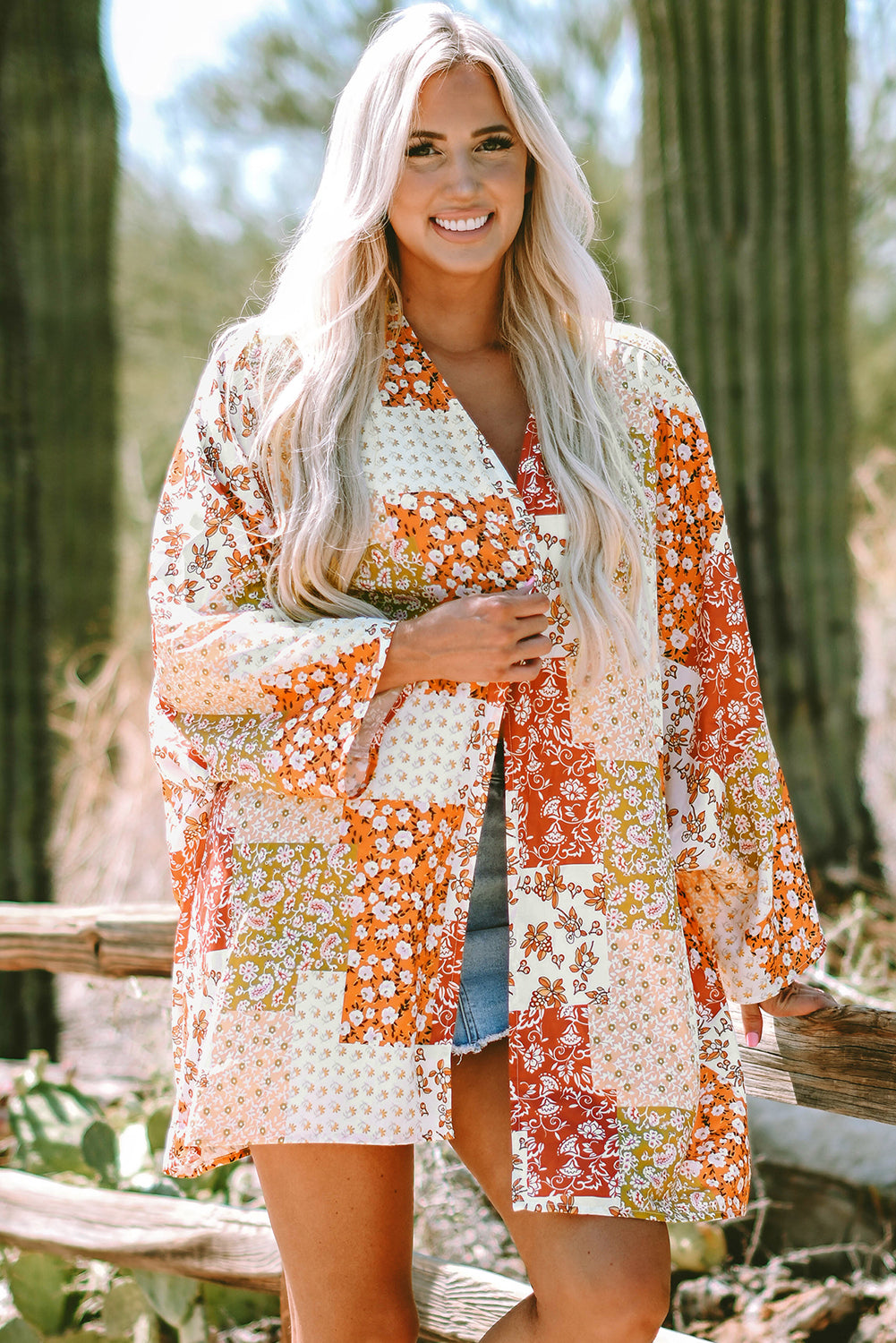 White Boho Patchwork Floral Open Front Kimono White ONE SIZE 100%Polyester Kimonos JT's Designer Fashion