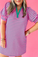Rose Stripe Collared V Neck Puff Sleeve Shift T Shirt Dress with Pockets Plus Size Mini Dresses JT's Designer Fashion