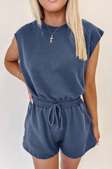 Ashleigh Blue Knit Open Back Cap Sleeve Drawstring Romper Jumpsuits & Rompers JT's Designer Fashion