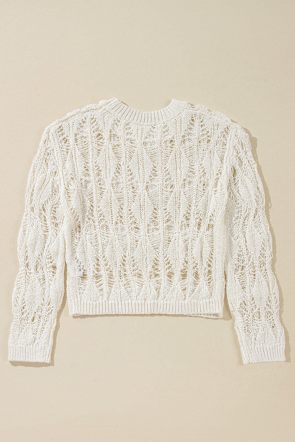 White Cut Out Crochet Crew Neck Loose Fit Sweater Sweaters JT's Designer Fashion