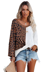 Brown Leopard Contrast Waffle Knit Twist Hem V Neck Top Long Sleeve Tops JT's Designer Fashion
