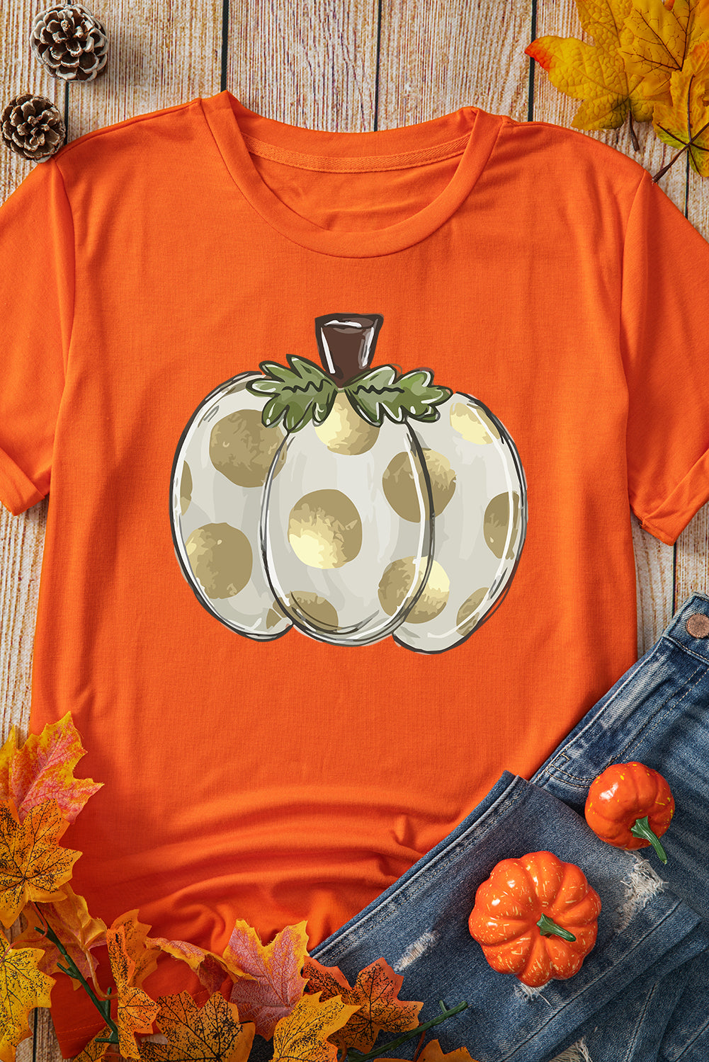 Orange Thanksgiving Pumpkin Pattern Crew Neck Short Sleeve Top Graphic Tees JT's Designer Fashion