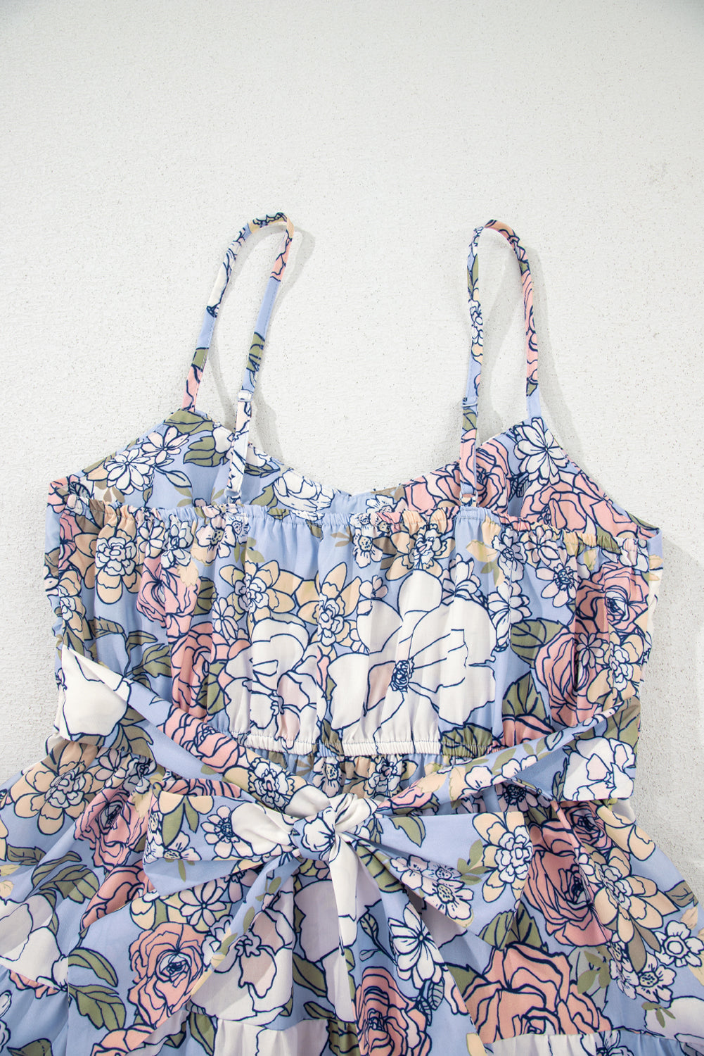 Sky Blue Floral Tiered Patchwork Spaghetti Strap Vacation Dress Floral Dresses JT's Designer Fashion