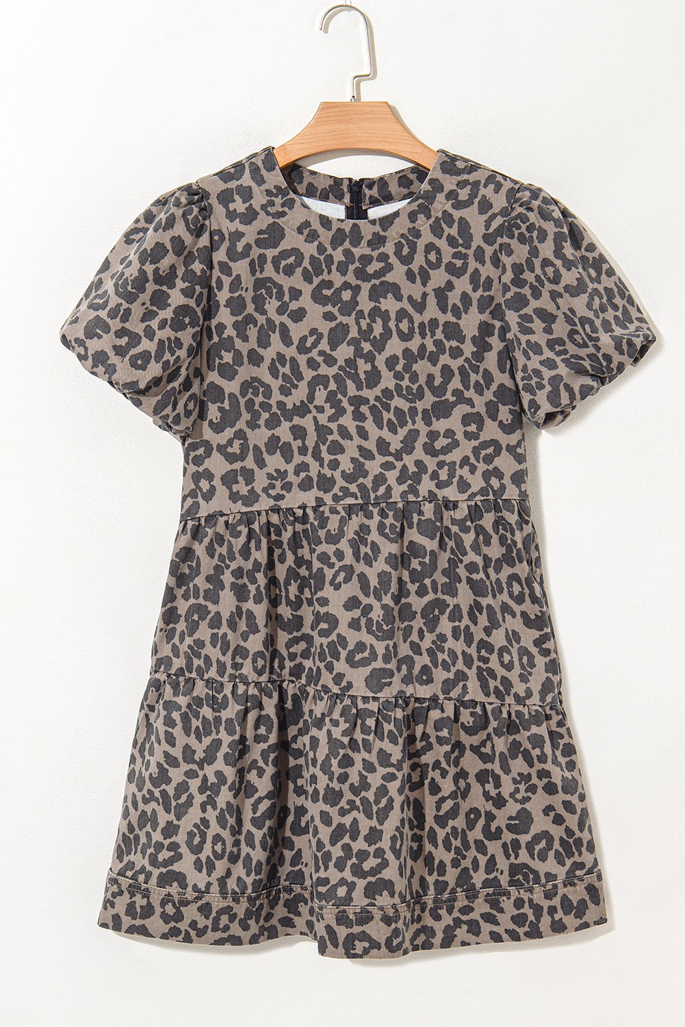 Brown Denim Leopard Printed Short Puff Sleeve Mini Dress Mini Dresses JT's Designer Fashion