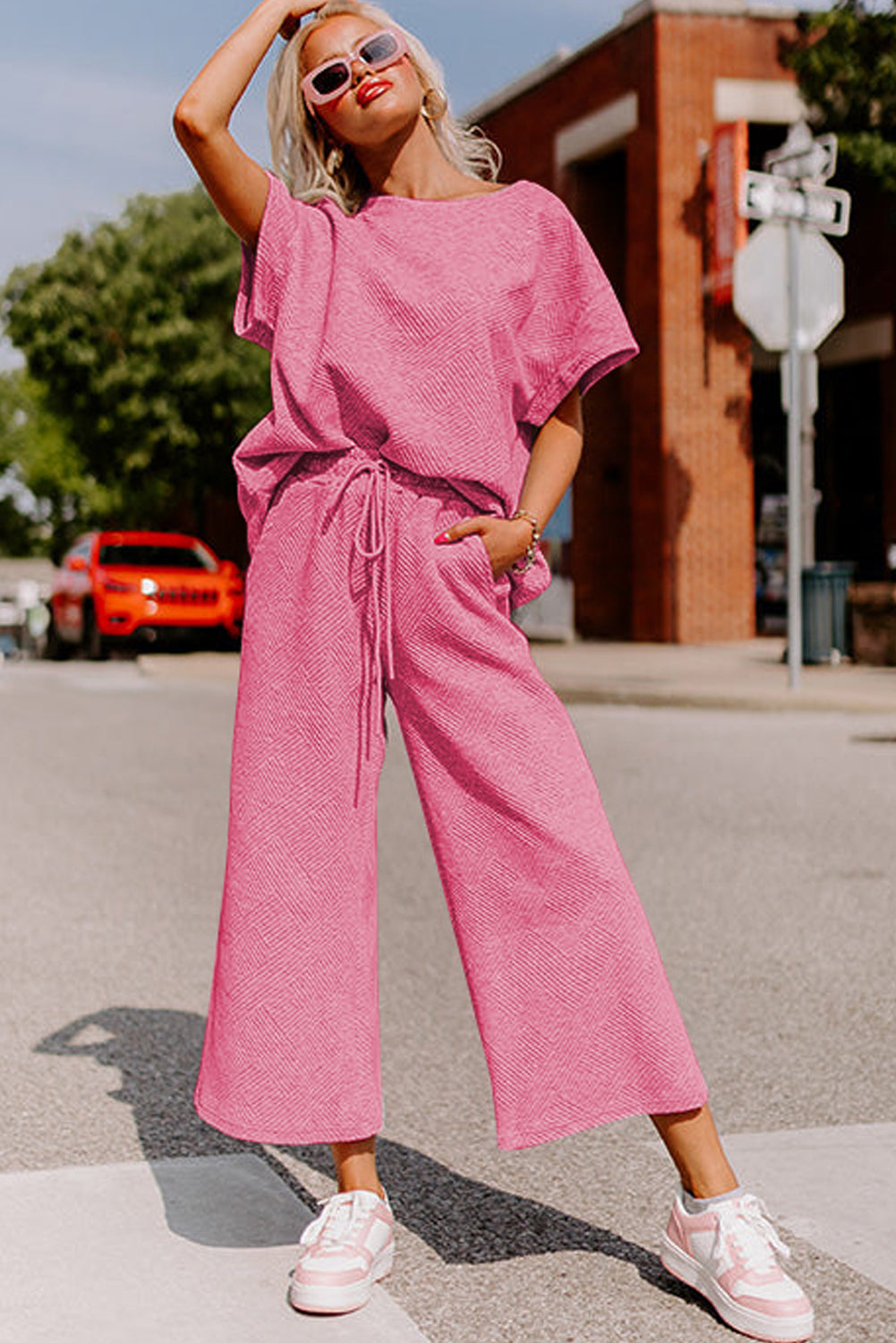 Strawberry Pink Textured Loose Fit T Shirt and Drawstring Pants Set Bottoms JT's Designer Fashion