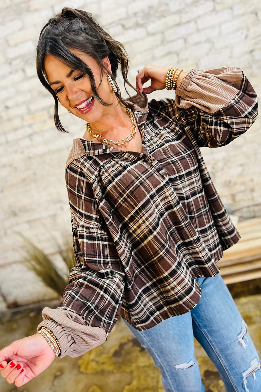Brown Plaid Patchwork Long Sleeve Button Hooded Blouse Blouses & Shirts JT's Designer Fashion